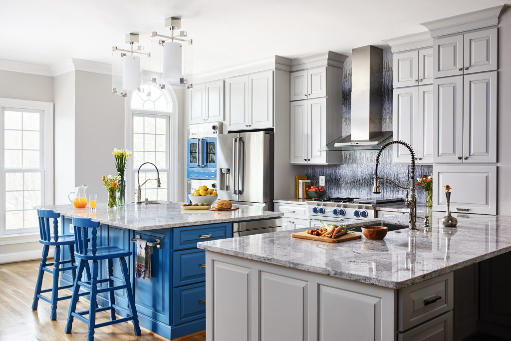 kitchen in McLean Virginia with blue cabinetry and a large island